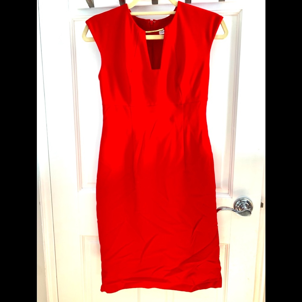 Red Calvin Klein sheath dress with gold hardware